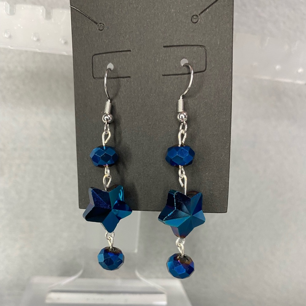 Handmade navy blue‎ star dangle earrings